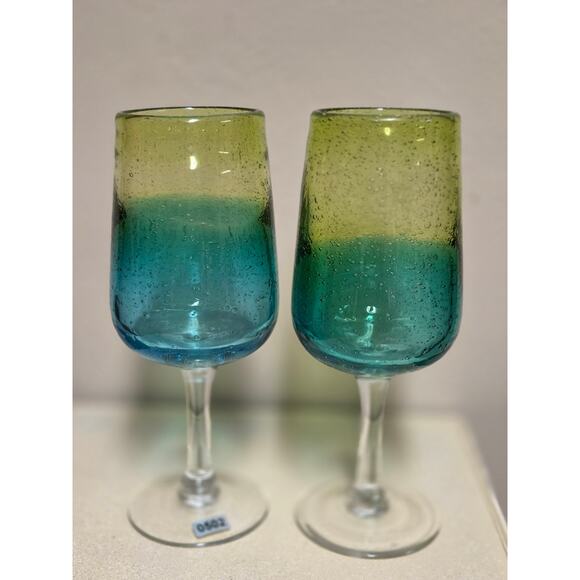 Bubble wine Goblets Three glasses 9" Tall  Ombre blue / green / yellow Mexico? - Picture 1 of 9